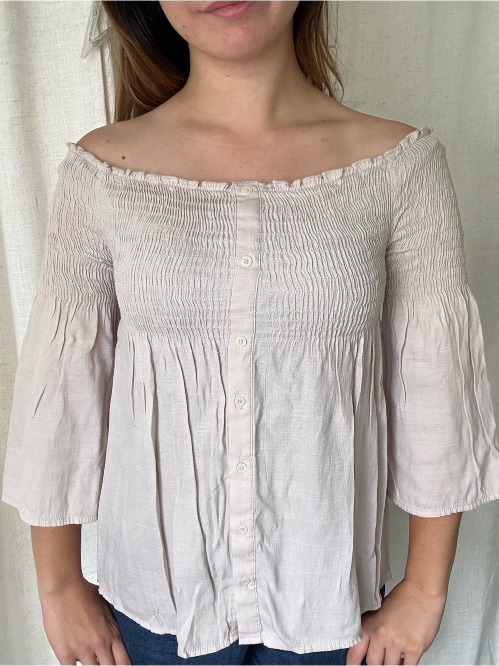 iris cream off the shoulder top with bell sleeves
